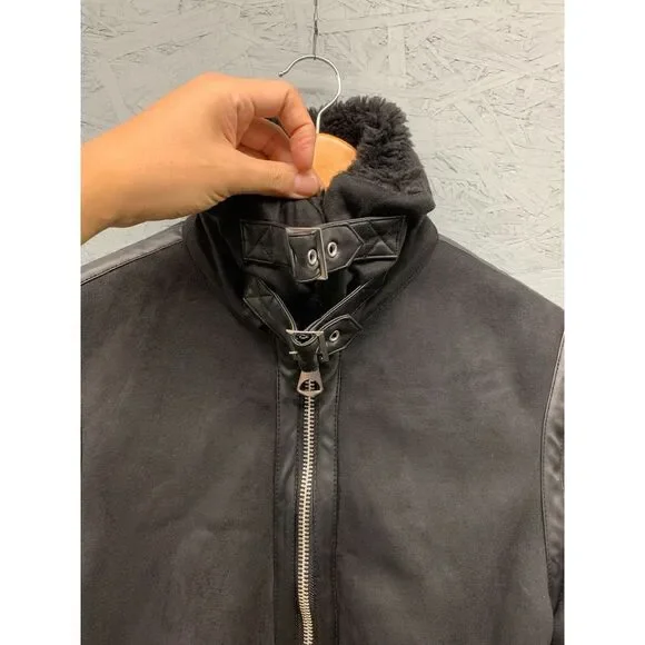 H&M Sherpa Faux Fur Lined Suede Jacket Women’s XS Black‎ Cozy Winter Coat - Picture 3 of 12